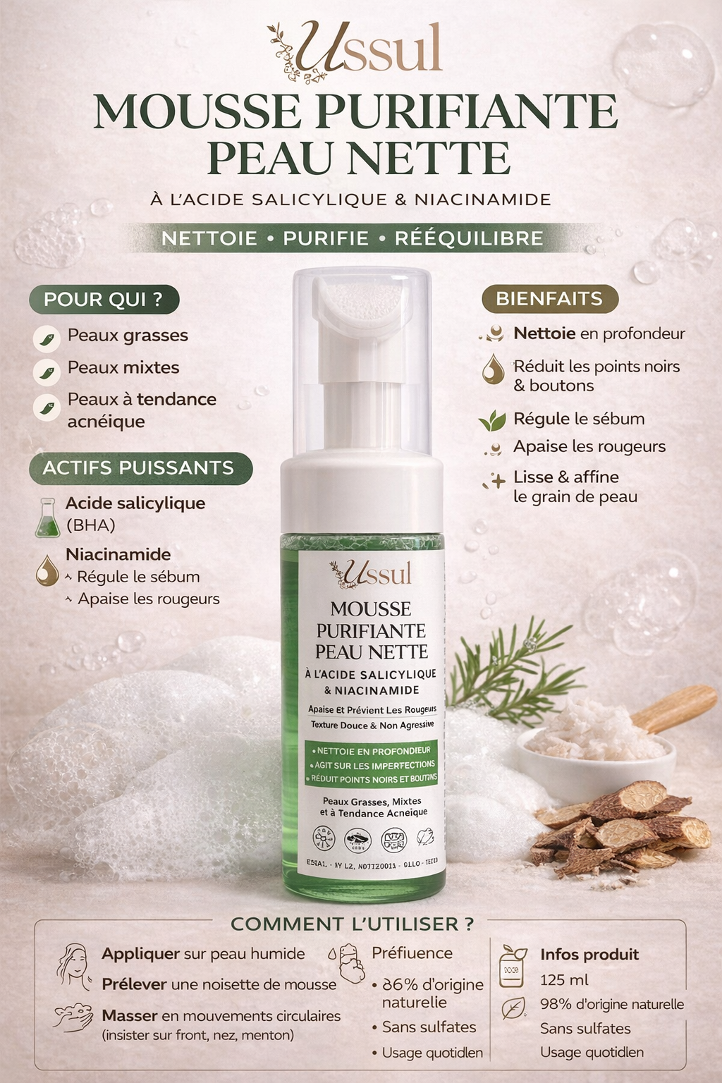 Mousse purifiante visage Ussul acide salicylique niacinamide peau grasse acné