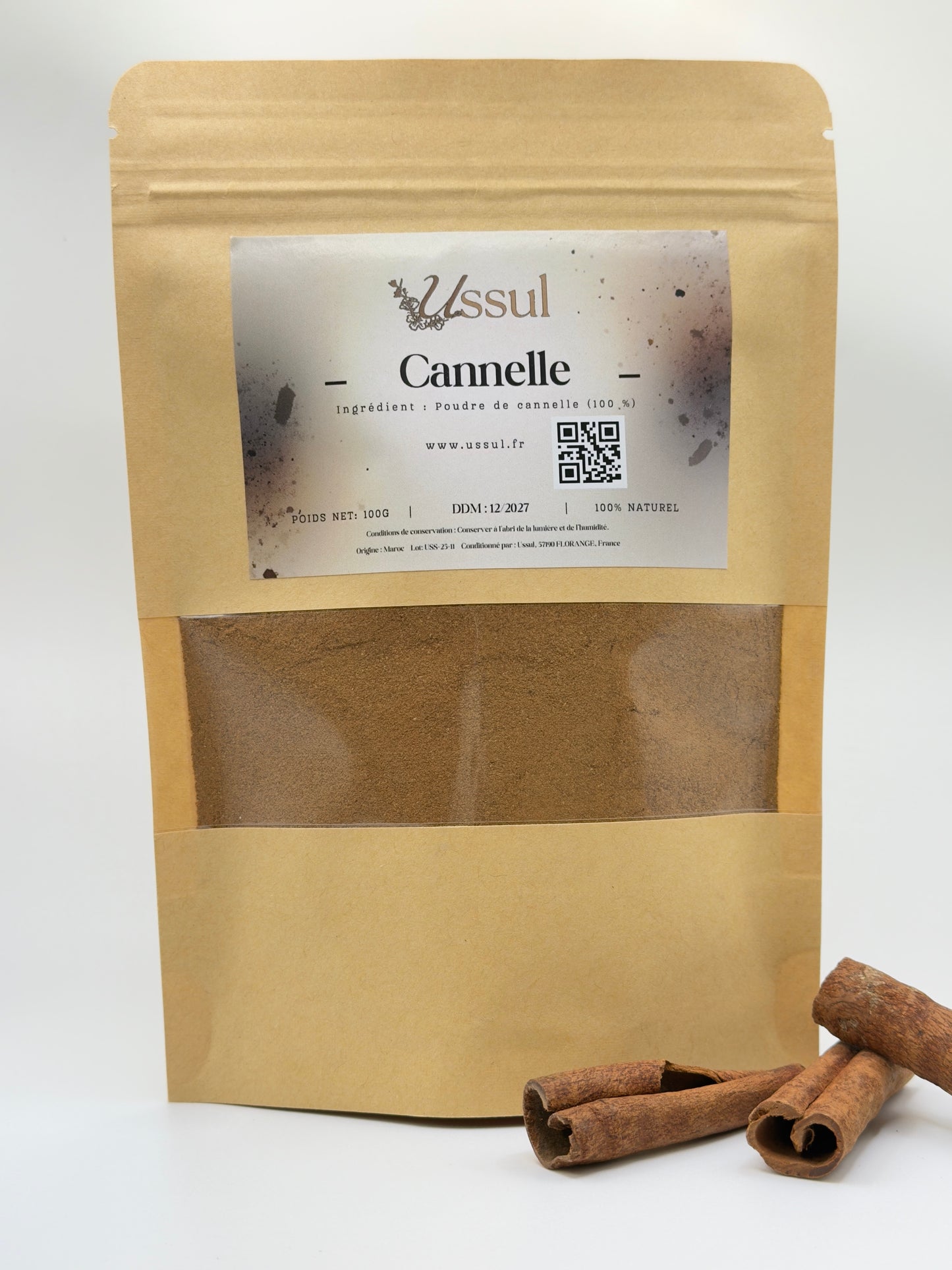 Sachet kraft Ussul cannelle moulue 100g – épice naturelle origine Maroc
