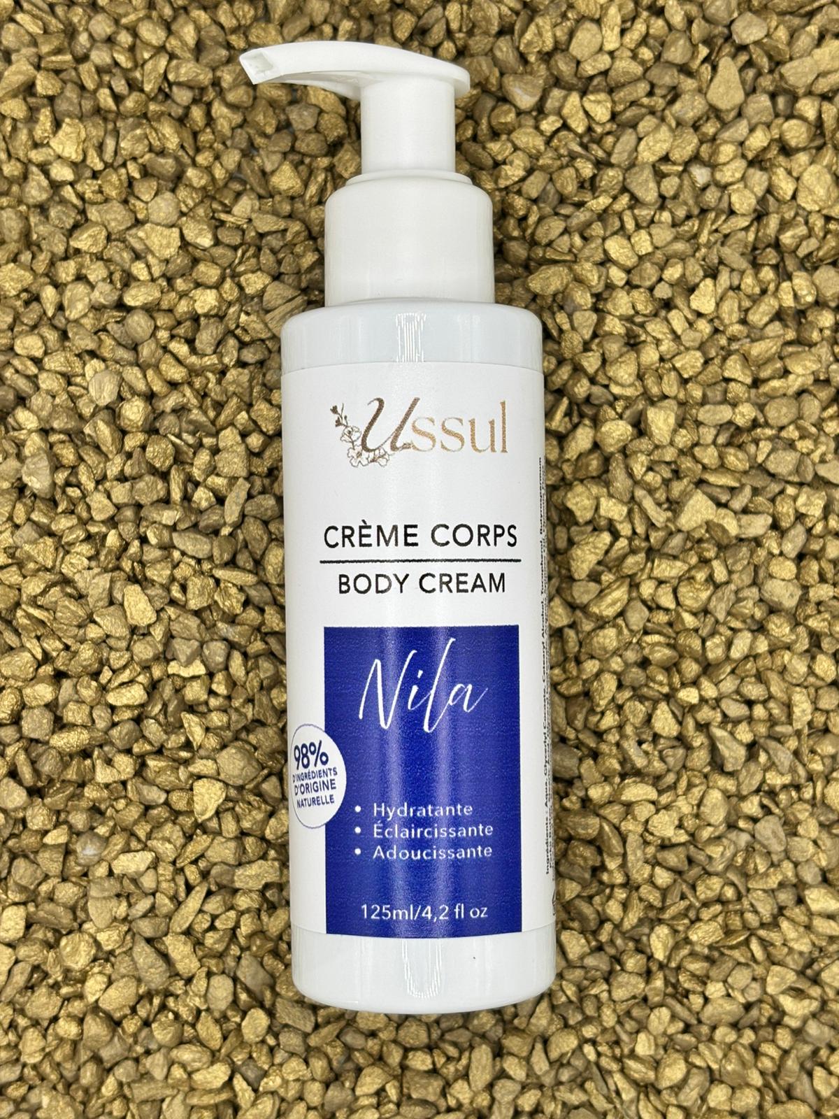 Crème Hydratante Corps Nila Ussul, soin corporel naturel hydratant et unifiant pour une peau douce, souple et lumineuse.