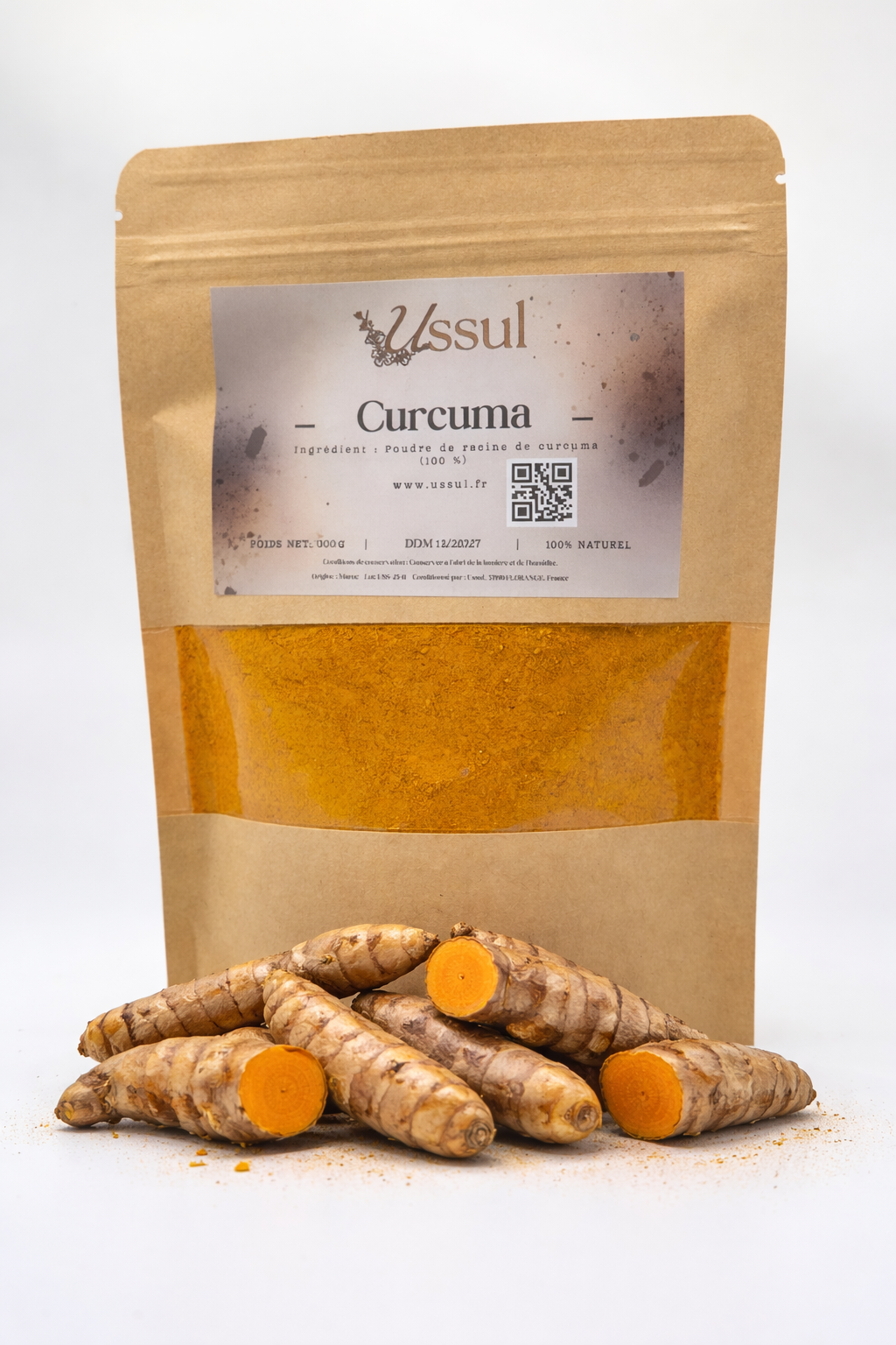 Sachet kraft Ussul curcuma moulu 100g – épice naturelle origine Maroc