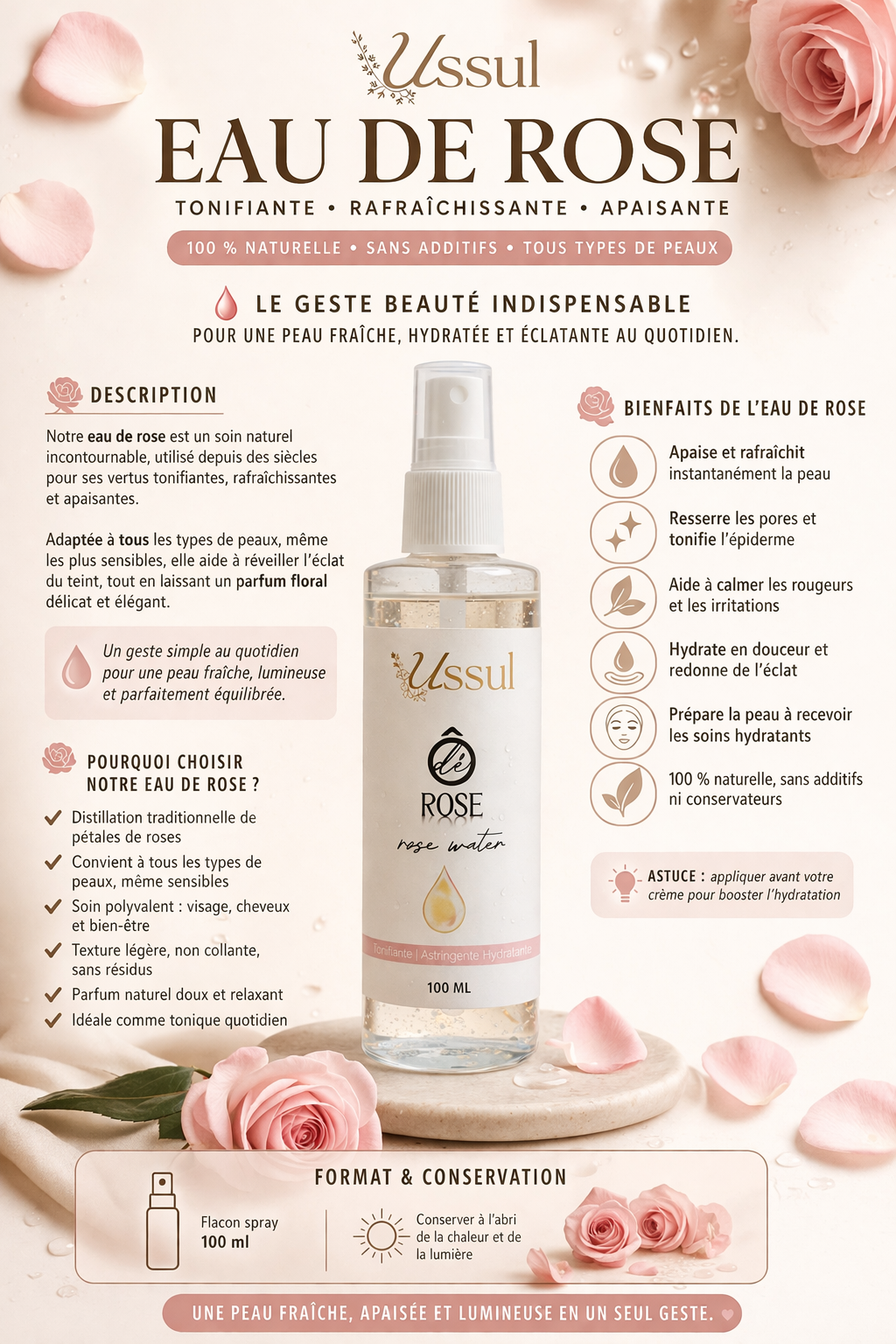 Eau de rose naturelle Ussul 100 ml tonique visage hydratant apaisant pour peaux sensibles