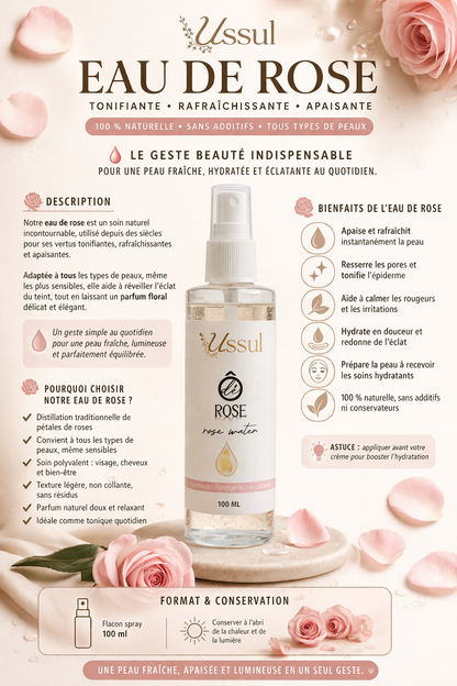 Eau de rose naturelle Ussul 100 ml tonique visage hydratant apaisant pour peaux sensibles