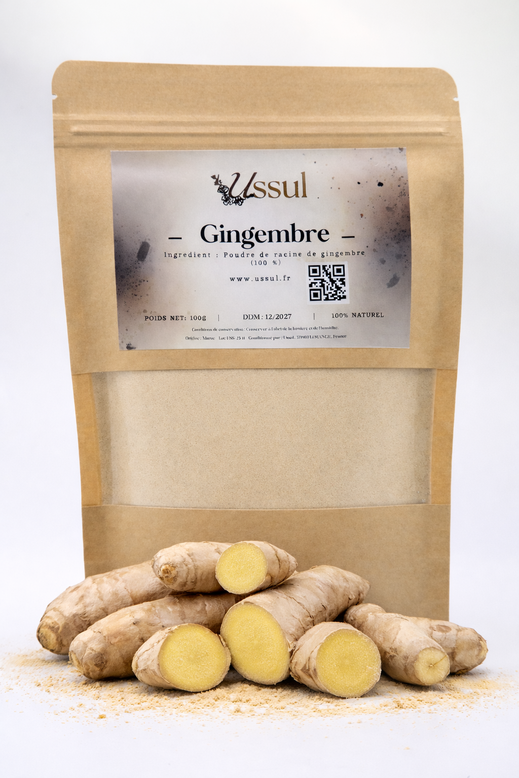 Sachet kraft Ussul gingembre moulu 100g – épice naturelle origine Maroc