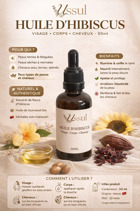 Huile d’hibiscus Ussul 50ml soin naturel visage corps cheveux fond blanc avec ombre