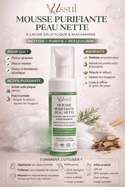 Mousse purifiante visage Ussul acide salicylique niacinamide peau grasse acné