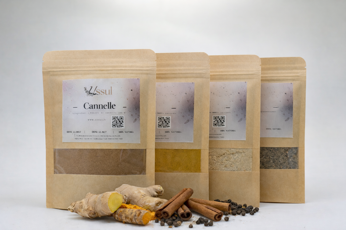 Pack Ussul 4 épices moulues 100g – gingembre curcuma cannelle poivre noir