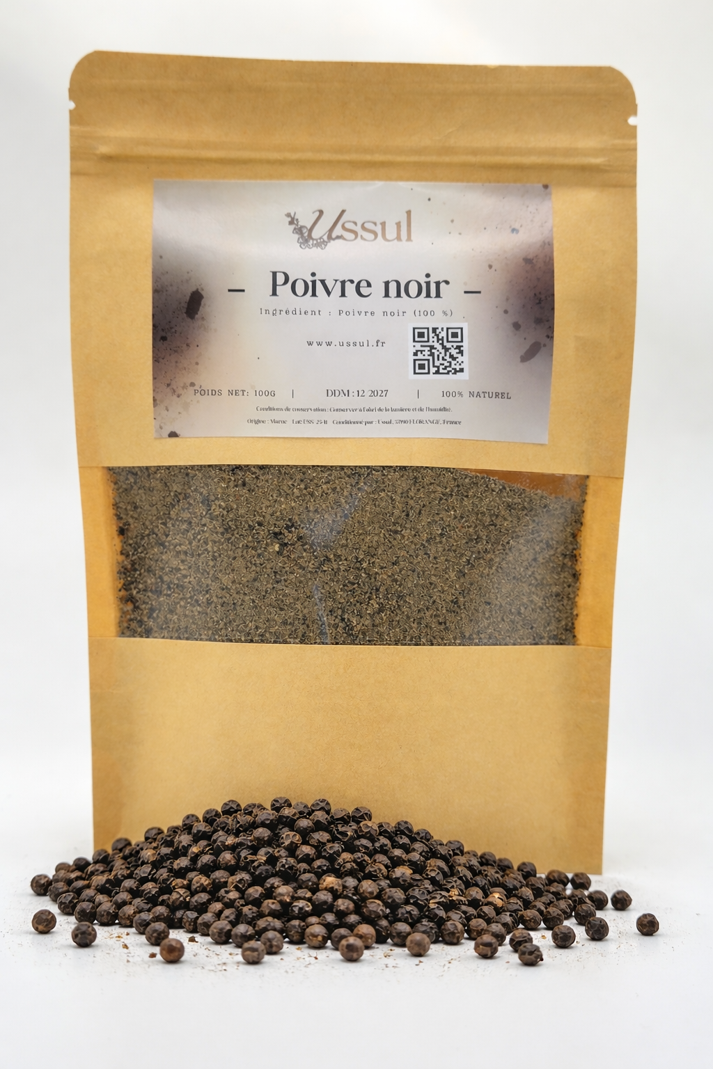 Sachet kraft Ussul poivre noir moulu 100g – épice naturelle origine Maroc