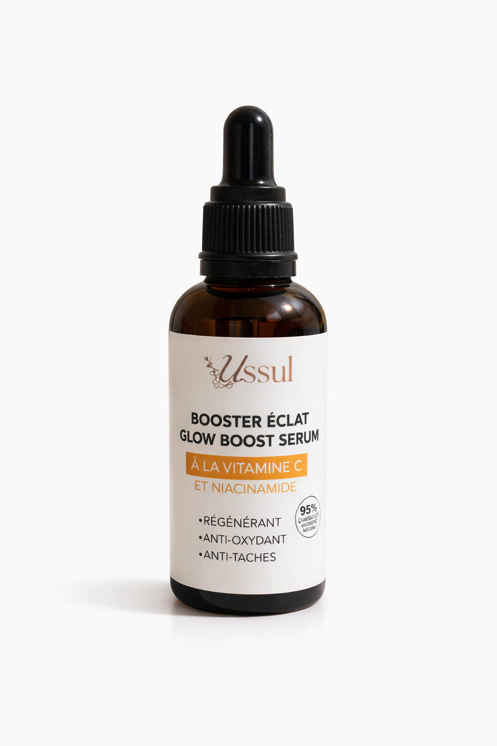 Sérum vitamine C niacinamide Ussul booster éclat visage anti taches fond blanc avec ombre