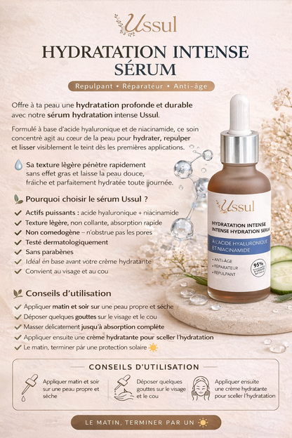 Sérum hydratation intense Ussul à l’acide hyaluronique et niacinamide – soin visage repulpant et anti-âge 95% d’origine naturelle