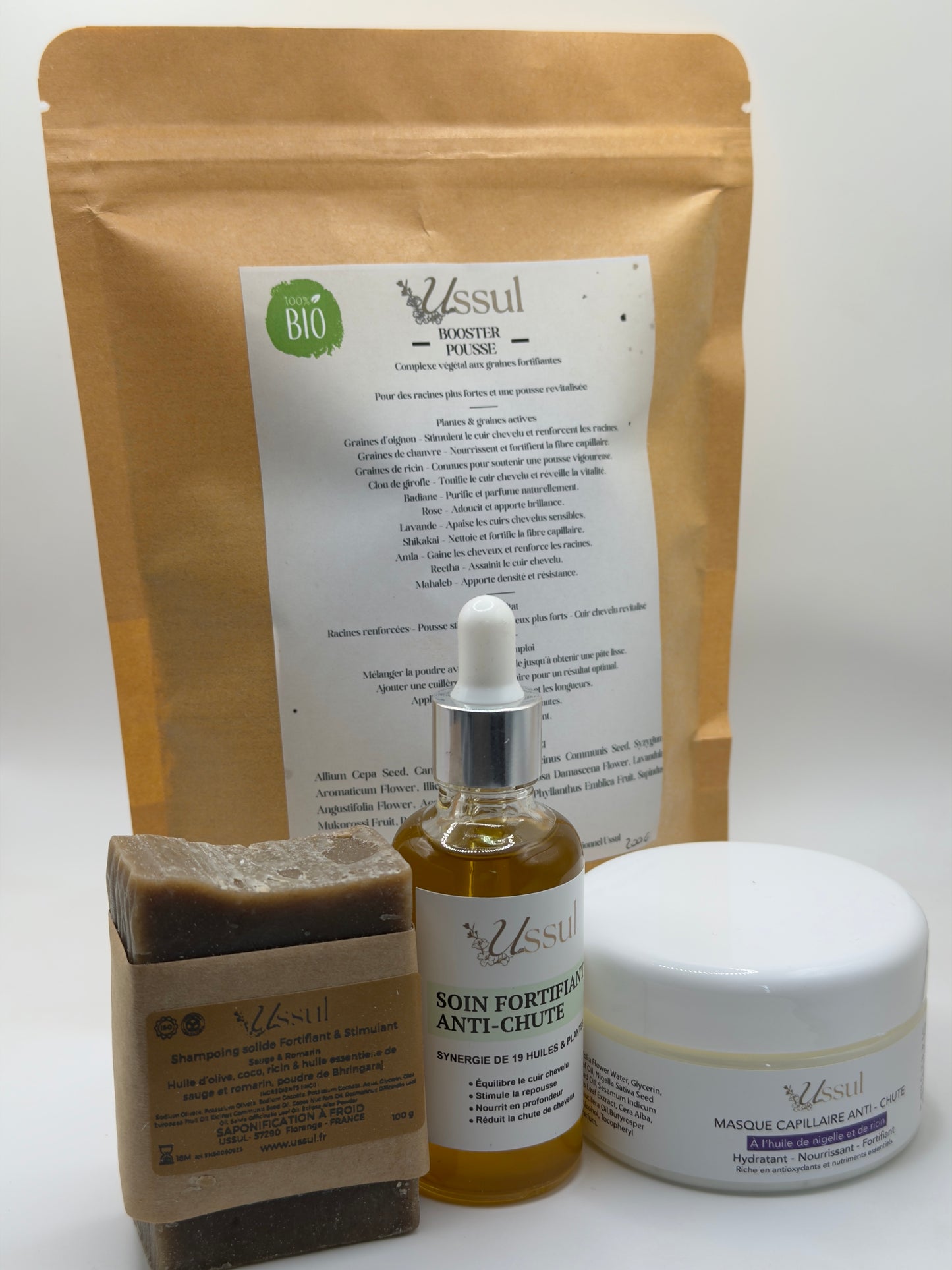 coffret rituel pousse cheveux naturel Ussul avec huile anti chute masque nigelle ricin shampoing solide et booster pousse