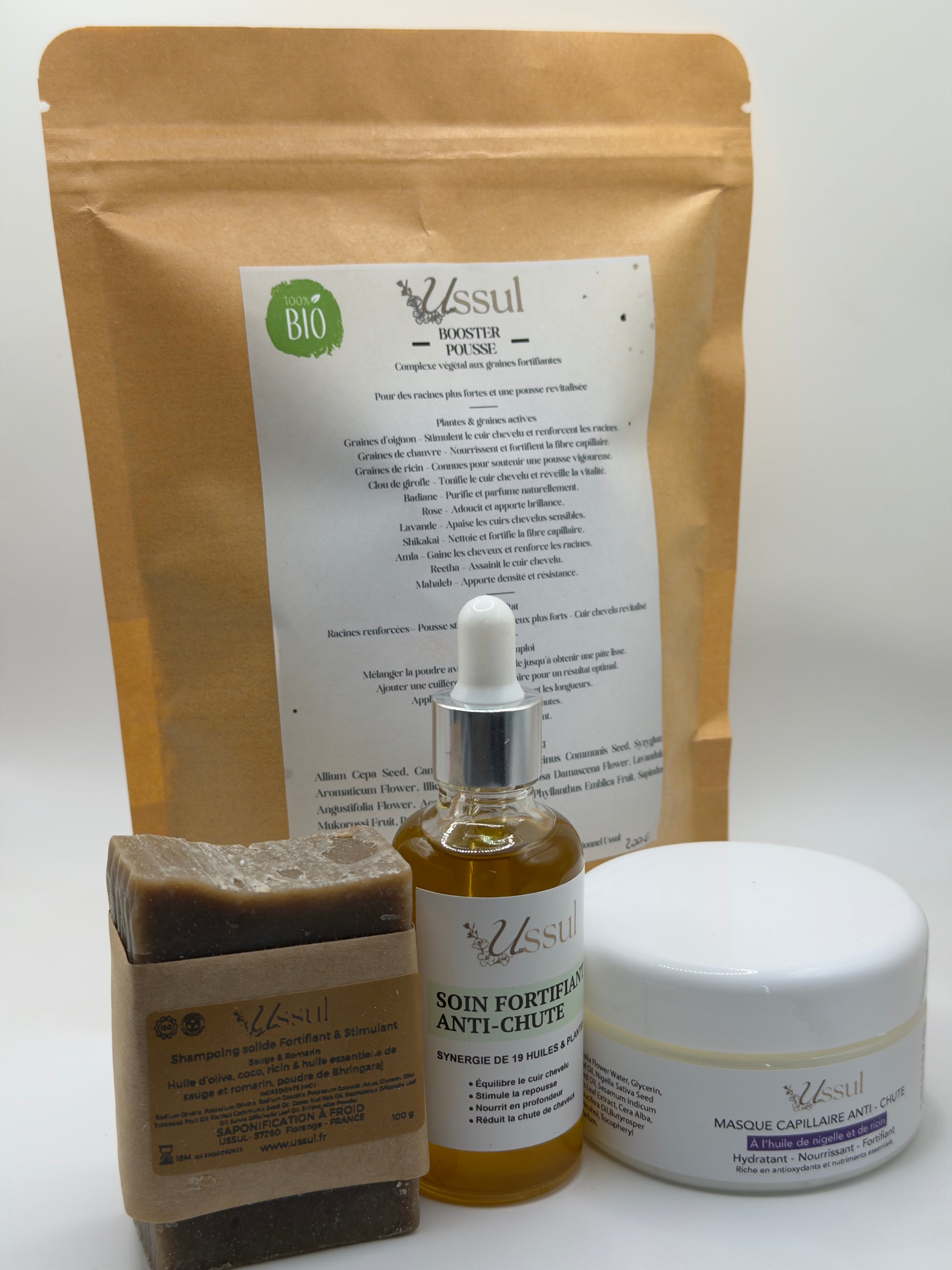 coffret rituel pousse cheveux naturel Ussul avec huile anti chute masque nigelle ricin shampoing solide et booster pousse