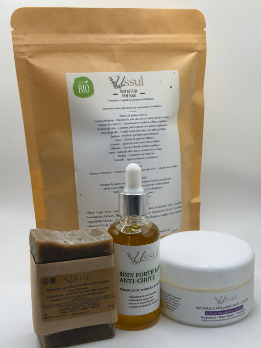 coffret rituel pousse cheveux naturel Ussul avec huile anti chute masque nigelle ricin shampoing solide et booster pousse