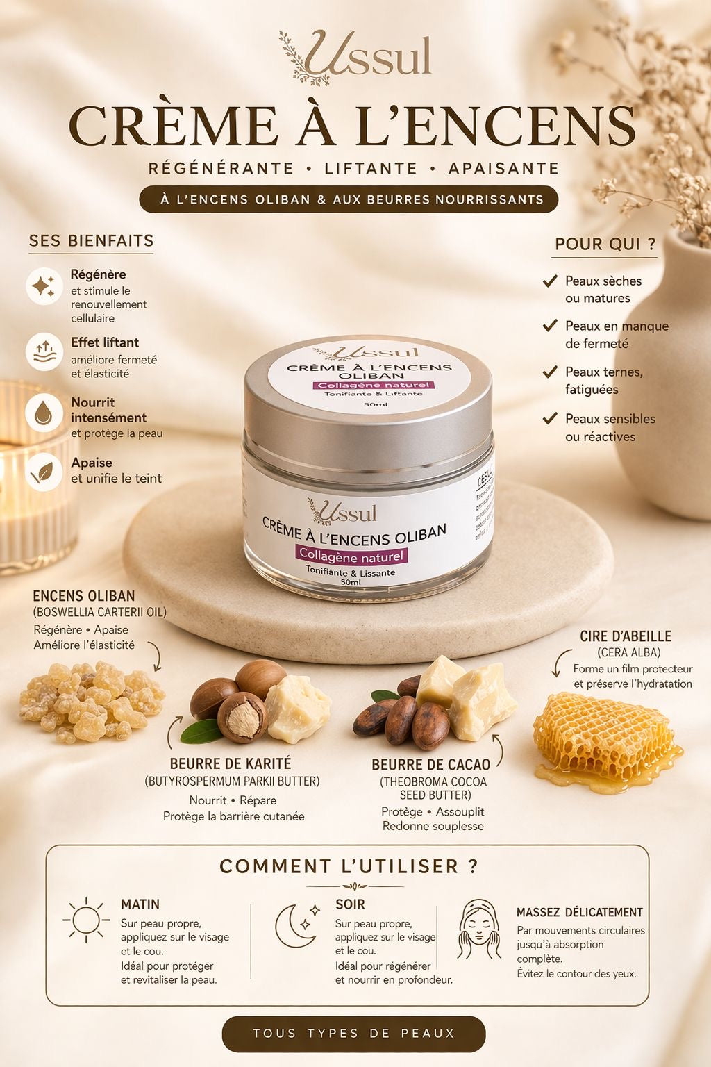 Crème à l’encens oliban Ussul collagène naturel soin visage raffermissant pour peau sensible
