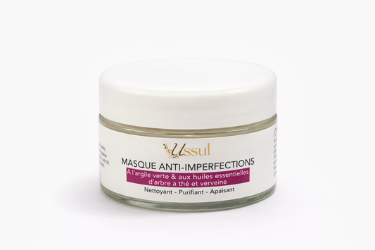 Masque anti-imperfections Ussul à l’argile verte, tea tree et verveine pour purifier la peau et réduire les boutons