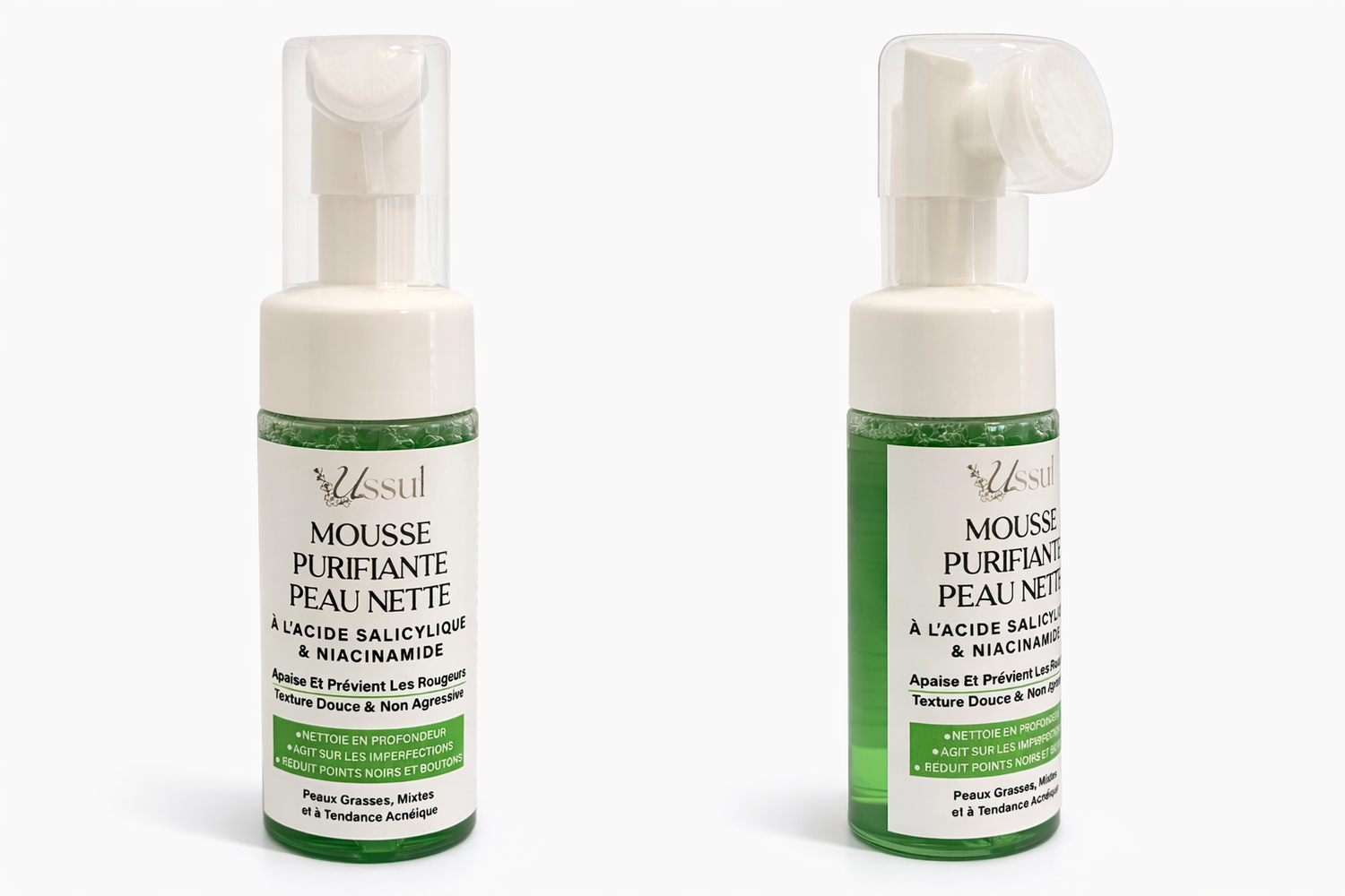 Mousse purifiante visage Ussul acide salicylique niacinamide peau grasse acné